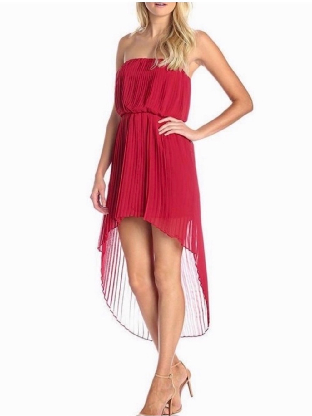 NWT BCBGeneration Strapless Bright Pink High-Low Pleated Dress